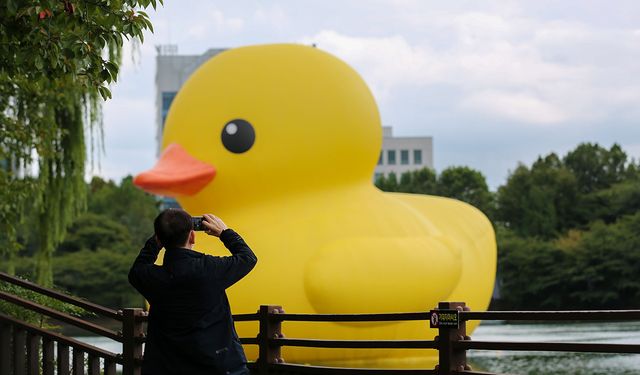 Seul'de sergilenen dev plastik ördek ziyaretçilerin ilgi odağı