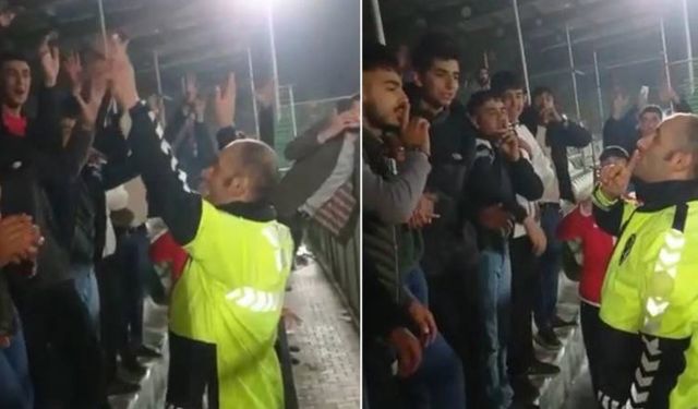 Taraftarlar tartışınca, polis yatıştırmak için 'üçlü' çektirdi