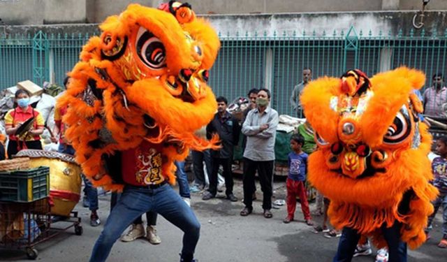 Hindistan'da Çin Yeni Yılı için aslan dansı gösterisi