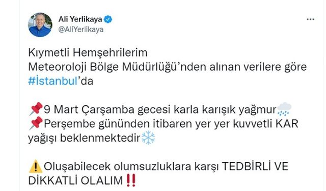 İstanbul Valisi Ali Yerlikaya’dan kar yağışı uyarısı