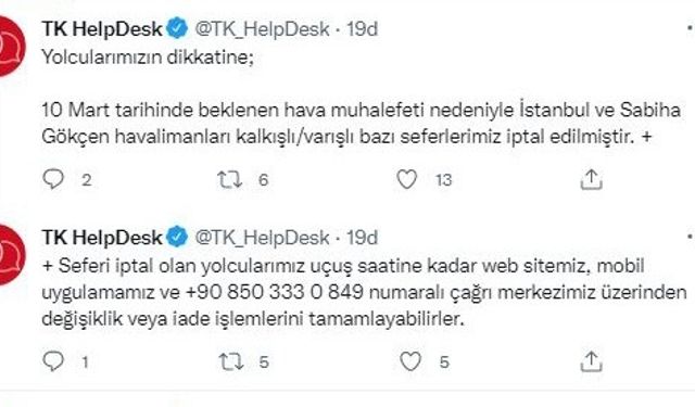 THY’nin bazı seferleri beklenen kar yağışı nedeniyle iptal oldu