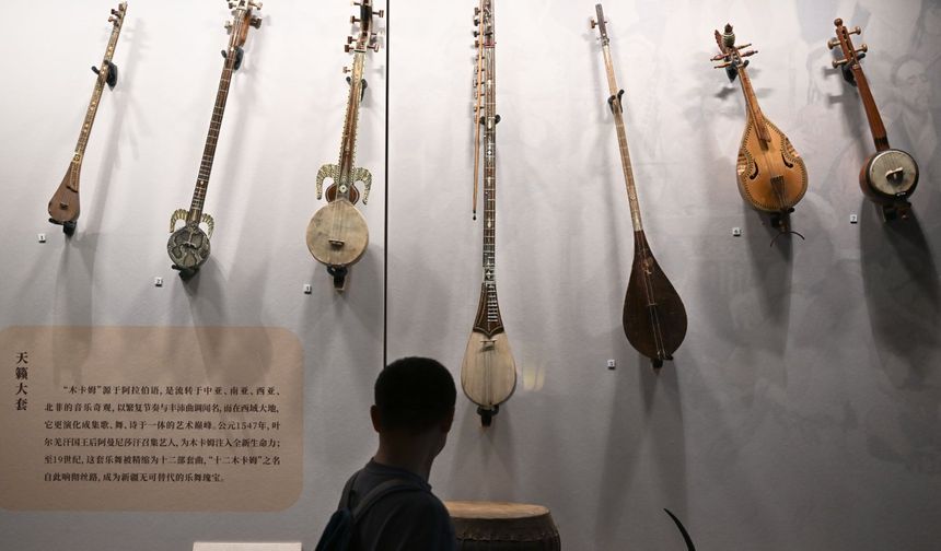 Çin'de İpek Yolu güzergahındaki ülkelerden 143 antik müzik aletini bir araya getiren sergi yoğun ilgi gördü