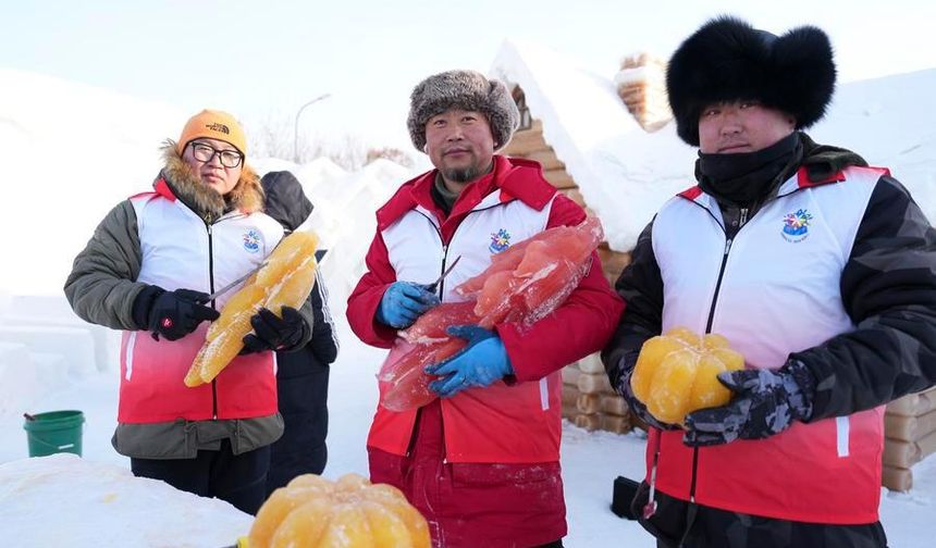 Harbin Kar ve Buz Dünyası'nda bitki boyalı buz heykeller yoğun ilgi görüyor